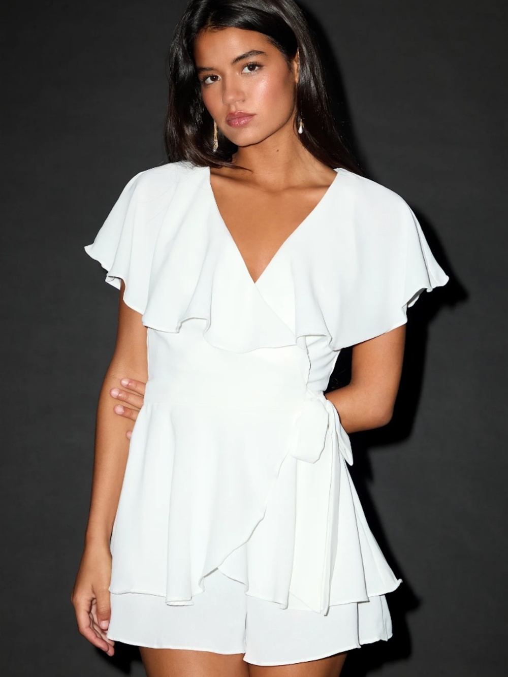 Aldrin White Ruffled Backless Wrap Skort Romper